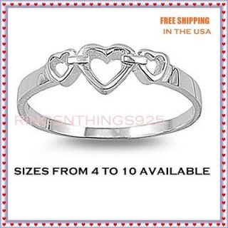 Sterling Silver 925 Women Three Open Hearts Ring Sizes 4,5,6,7,8,9,10