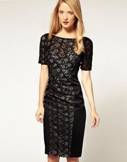 FAB KAREN MILLEN FITTED LACE WITH JACQUARD SATIN DRESS SZ 8,10,12 RRP 