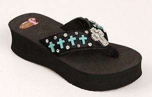 Justin Boot® ~ Turquoise CROSS FLIP FLOPS ~ Crystal BLACK Concho 