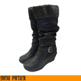 NEW Girls Ladies Womens Mid Calf Black Wedge Winter Boots (size Eur 32 