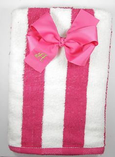 Personalized Embroidered Shocking Pink Striped Cabana Beach Towel and 