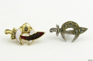 SHRINERS   Vintage Masonic 2 Pins Scimitar Crescent Jeweled Enamel 