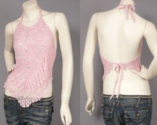 sexy pink knit crochet tie back halter top vest m