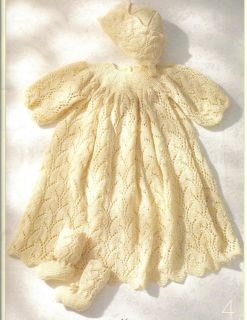 Knitting Pattern Baby Infant Christening Long Dress Gown,Hat Booties 