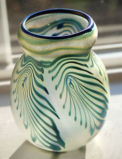 Charles Lotton 1980 Signed Art Glass Iridescent Blue Feather Vase 