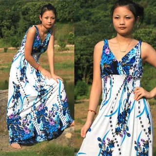 Casual holiday summer Lady Deep V Blue BOHO Long Maxi Party Dress D53 