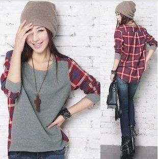 Women Style Streets Of Plaid Patchwork Mullet Crewneck Top Blouse T 