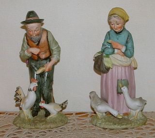 Pair 2 Vtg Lefton Figurines Old Man + Woman Lady w/ Ducks Roosters 