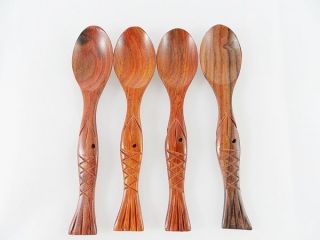Set 4 x 4.0 Wooden Small Spoons Salt Spoon Fish Shape Hand Carved 
