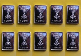   GRAM 999.Fine Pure SOLID SILVER BULLION BAR 10X15X1MM Masonic Emblem