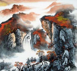   Chinese watercolor painting *Autumn Mountain Waterfall*   silk borders