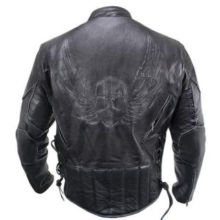 Mens Premium Black Distressed Lea​ther Flying Skull Racer Jacket