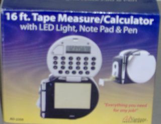 16 ft Tape Measure / Calculator with LED Light, Note Pad & Pen   NEW 