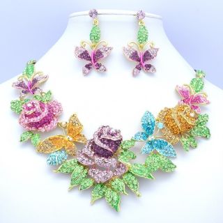 Pretty Multicolor Rhinestone Crystals Butterfly Rose Flower Necklace 