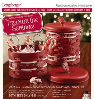 Longaberger Set of Sm & Med Snowflake Treasure Baskets with Leather 