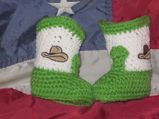 Hand Crochet Hat Spring Green & White Western Boot Baby Booties Hat 