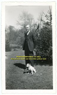 1940s Photo Older Man Suit Jack Russell Terrier Dog American Flag 