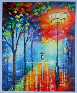   Stock Signed Oil Painting 24x20 Night Rain Street Lamp Lover m190