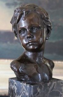 Little Boy Bust Son Elegant Classical Bookshelf Bronze Marble Statue 