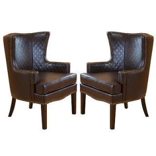 Set of 2 European Vintage Design Brown Leather Armchairs with Nailhead 