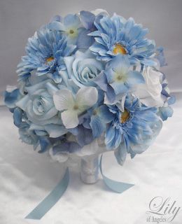 17pieces Wedding Bridal Bouquet Flowers BLUE WHITE Bride Daisy 