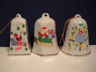   Ceramic Bell Christmas Ornaments Lillian Vernon White Partridge Santa