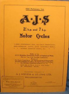 1924 A J S Motor Cycle Sales Manual Preliminary List For 2 3/4 hp 