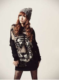  Black Tiger Printed Color Block Knitted Long Sleeve Top T Shirt Tee