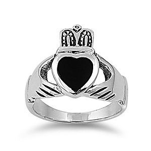 Mens / Ladys Black Onyx Sterling Silver Claddagh Ring   Sizes 10 