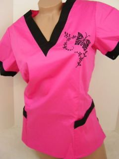 New Nursing Scrub Pink Black Embroidery Butterfly Poly Top S (4)