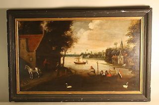 Antique 17thc Dutch Old Master Oil Painting On Panel Country Inn And 