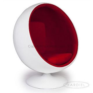   BALL CHAIR White Fiberglass/Red Microfiber egg swan womb lounge accent