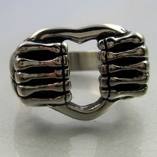 Biker Black Silver Stainless Steel Skull Hand Heart Mens Ring Size 11