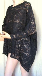 Nally & Millie Black Sheer Netted Lace Asymmetrical Top Dolman Sleeves 