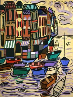  SALE BOATS CUBIST HAND PAINTED GICLEE PRINT BUILDINGS ANTHONY FALBO