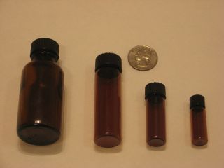 Amber Bottle Vial w/ Lids. Sets of 3, 6, 9, or 12. Sizes 1/2, 1, 4 