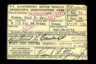   Government Motor Vehicle Drivers ID Card US Army Fort Ord California