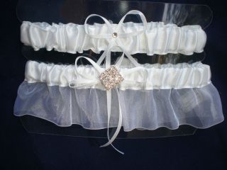 White Satin Diamond Rhinestone Wedding Garters Keep One / Toss One 