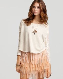 Free People NEW Ivory Sequined Long Sleeve Cropped Pullover Top Shirt 