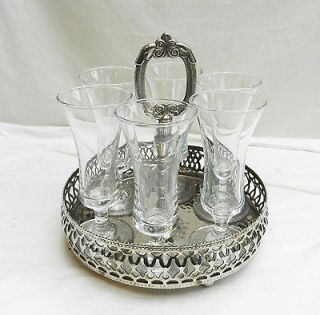 Antique / Vintage Silver Plate / Plated Sherry Tray with 6 Glasses