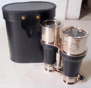 Brass Nautical Chrome Binocular Telescope Matching Leather Case And 
