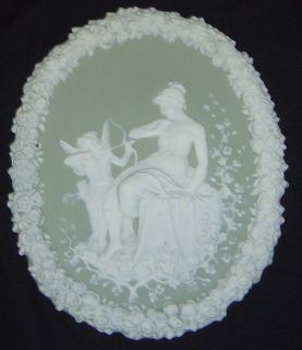 Antique Schafer & Vater Green Jasperware Cherub Cupid & Maiden Wall 