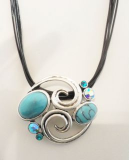   Signed Faux Turquoise w/ Crystals Silver Swirl Pendant Necklace