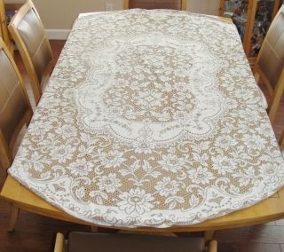 Vintage 86 x 66 Oblong Oval Lace Tablecloth White & Taupe Floral 