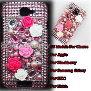 Pink 5 Rose Diamond Bling Crystal Hard Back Case Cover For Mobile Cell 