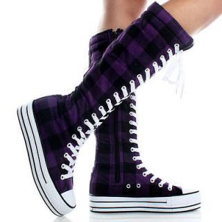 Black Purple Plaid Canvas Platform Sneaker Womens Knee High Boots Size 