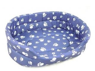 NEW PET DOG OR CAT BED   BLUE w. WHITE PAWS PILLOW   LARGE, WASHABLE