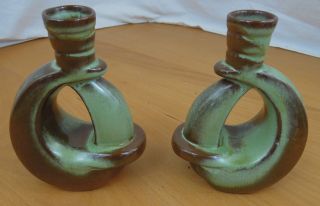 Pair Vintage Plainsman Green 305 Frankoma Pottery Candle Holders 