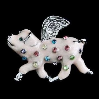   When Pigs Fly Piggy Brooch Pin Multi Rhinestone Crystal Enamel Pink