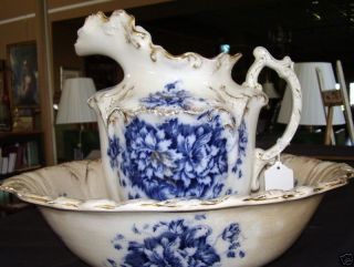 flow blue bowl and pitcher antique  1150